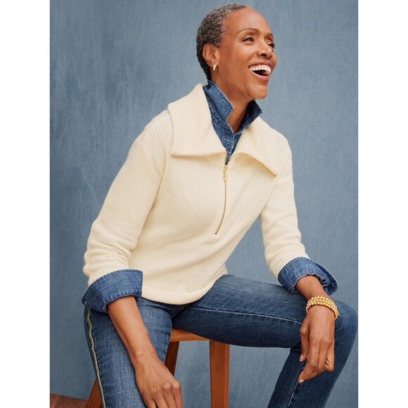 Talbots Womens SP Zip Shawl Collar Sweater Mustard Yellow Cotton Blend Pullover - Picture 7 of 7